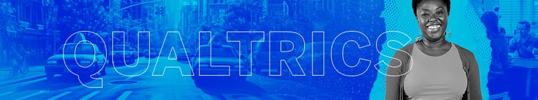 A banner in dark blue, teal, and purple with a smiling Qualtrics employee in the right corner and a city landscape in the back ground of the banner image